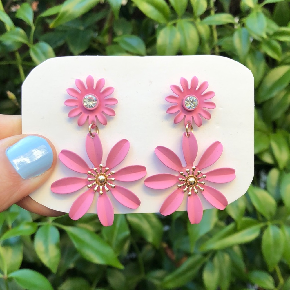 Pink + Crystal Daisy Flower Drop Earrings - Picture 1 of 4